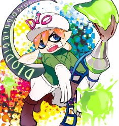 Rule 34 | 1boy, absurdres, bad id, bad pixiv id, blonde hair, diego brando, fusion, green shirt, halftone, halftone background, highres, inkbrush (splatoon), inkling player character, jojo no kimyou na bouken, male focus, nintendo, scary monsters (stand), shirt, shuukenyuu, solo, splatoon (series), splatoon 1, stand (jojo), steel ball run, tail, tentacle hair