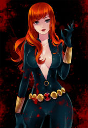 Rule 34 | 1girl, animification, avengers (series), black widow, blood, bodysuit, breasts, center opening, claws, contrapposto, cowboy shot, ee0418, grey eyes, lipstick, long hair, makeup, marvel, natasha romanoff, orange hair, parted lips, skin tight, solo, standing, unzipped