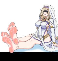 Rule 34 | 1girl, barefoot, blindfold, blonde hair, blush, feet, goblin slayer!, highres, long hair, parted lips, soles, sword maiden, toes