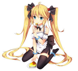 Rule 34 | 1girl, alternate costume, andrea doria (warship girls r), anklet, apron, bare shoulders, black thighhighs, blonde hair, blue eyes, bow, bracelet, cheesecake, corset, detached sleeves, dice, dice hair ornament, eating, enmaided, food, food on face, fork, frills, hair bow, hair ornament, highres, jewelry, kkkkkey, long hair, looking at viewer, maid, miniskirt, short sleeves, simple background, sitting, skirt, solo, thighhighs, twintails, very long hair, wariza, warship girls r, white background, zettai ryouiki