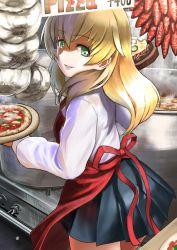 Rule 34 | 10s, 1girl, abazu-red, anzio school uniform, apron, black skirt, blonde hair, carpaccio (girls und panzer), commentary, cowboy shot, dress shirt, english text, food, from behind, garlic, girls und panzer, green eyes, holding, holding food, lips, long hair, long sleeves, looking at viewer, looking back, miniskirt, no legwear, parted lips, pepper, pizza, pleated skirt, red apron, school uniform, shirt, skirt, smile, solo, standing, stove, white shirt