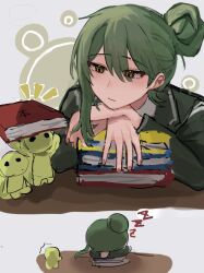 Rule 34 | 1boy, blush, book, book stack, closed mouth, coat, fingernails, floor of art&#039;s glowing creature, green coat, hair bun, library of ruina, long sleeves, male focus, netzach (project moon), nnnnhhhhnhnh, notice lines, project moon, solo, yellow eyes