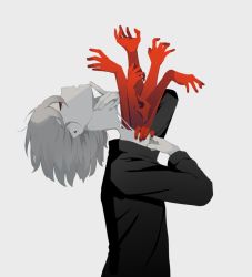 Rule 34 | 1boy, avogado6, black shirt, colored skin, decapitation, from side, grey hair, horror (theme), long sleeves, male focus, original, profile, red eyes, shirt, simple background, solo, torn skin, upper body, white background, white skin