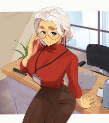 Rule 34 | 1girl, artist name, blue eyes, blush, breasts, glasses, highres, june (squeezable), large breasts, long hair, looking at viewer, mole, mole under eye, nail polish, office lady, original, round eyewear, smile, solo, squeezable (squeezabledraws), thick eyebrows, white hair, white nails, yellow-framed eyewear