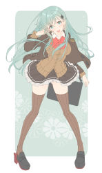 Rule 34 | 1girl, aqua eyes, aqua hair, ascot, bad id, bad twitter id, bag, brown cardigan, brown jacket, brown skirt, brown thighhighs, cardigan, commentary request, floral background, frilled skirt, frills, full body, hair ornament, hairclip, highres, jacket, kantai collection, loafers, long hair, pleated skirt, red ascot, school uniform, shiosoda, shoes, skirt, solo, suzuya (kancolle), thighhighs, two-tone background