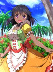 Rule 34 | 1girl, :d, apron, bad id, bad pixiv id, black hair, blue sky, blush, bow, breasts, bush, center frills, cleavage, cloud, dark-skinned female, dark skin, day, dirndl, dress, frilled apron, frilled sleeves, frills, german clothes, horizon, idolmaster, idolmaster cinderella girls, lens flare, light rays, long hair, looking at viewer, medium breasts, multicolored clothes, multicolored dress, natalia (idolmaster), open mouth, outdoors, palm tree, puffy short sleeves, puffy sleeves, purple eyes, red bow, short sleeves, skirt hold, sky, smile, solo, summer, sunbeam, sunlight, tareme, tree, waist apron, white apron, yama tatsuo