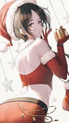 Rule 34 | 1girl, absurdres, arched back, ass, back, back focus, bare shoulders, black hair, christmas, crop top, elbow gloves, from behind, fur collar, fur trim, gift, gloves, hand up, hat, hayami kanade, highres, holding, idolmaster, idolmaster cinderella girls, looking back, mairo, midriff, red gloves, red hat, red shirt, santa costume, santa hat, shirt, short hair, sleeveless, sleeveless shirt, solo, upper body, yellow eyes
