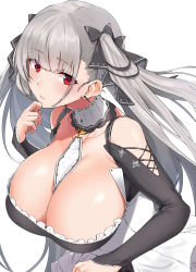 Rule 34 | 1girl, absurdres, azur lane, bare shoulders, between breasts, black dress, blush, breasts, cleavage, dress, earrings, formidable (azur lane), frilled dress, frills, grey hair, highres, hotate-chan, jewelry, large breasts, long hair, looking at viewer, red eyes, ribbon, solo, twintails, two-tone dress, two-tone ribbon, very long hair