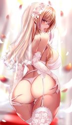 Rule 34 | 1girl, ass, blush, bow, bra, breasts, cowboy shot, dress, earrings, elbow gloves, elf, floral print, flower, from behind, garter straps, gloves, hair bow, hair flower, hair ornament, hand on own hip, highres, huge breasts, jewelry, kuro (tbm9187), lace, large breasts, light brown hair, lingerie, long hair, looking at viewer, looking back, multicolored hair, open mouth, original, panties, pink eyes, pointy ears, purple hair, pussy juice, rose print, sideboob, skindentation, solo, thighhighs, two-tone hair, underwear, veil, white bra, white panties, white thighhighs