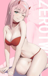 Rule 34 | 1girl, absurdres, alternate hairstyle, bare shoulders, bikini, breasts, character name, choker, cleavage, closed mouth, collarbone, darling in the franxx, green eyes, hasu no shiro, high ponytail, highres, horns, large breasts, leaning to the side, looking at viewer, navel, one eye closed, pink background, pink hair, red bikini, red choker, red horns, sidelocks, sitting, smile, solo, stomach, swimsuit, thighs, zero two (darling in the franxx), zoom layer