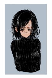 Rule 34 | 1girl, black hair, breasts, closed mouth, commentary request, highres, kotoyama, looking at viewer, medium hair, original, simple background, solo, sweater