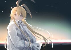 Rule 34 | 1girl, alternate costume, aruka, blonde hair, blue eyes, coat, hair between eyes, hands in pockets, horizon, kantai collection, long hair, long sleeves, looking at viewer, outdoors, shimakaze (kancolle), sky, solo, star (sky), starry sky, very long hair, white coat