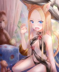Rule 34 | 1girl, abigail williams (fate), animal ear fluff, animal ears, bare arms, bare shoulders, black hat, black panties, blonde hair, blue eyes, blue sky, blush, bow, breasts, cat ears, cat girl, cat tail, claw pose, commentary request, curtains, day, fang, fate/grand order, fate (series), fingernails, forehead, hand up, hat, highres, indoors, kemonomimi mode, kinom (sculpturesky), long hair, looking at viewer, medium breasts, open mouth, panties, parted bangs, red bow, sitting, sky, solo, stuffed animal, stuffed toy, tail, teddy bear, underwear, very long hair, window, witch hat