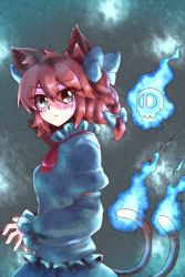 Rule 34 | 1girl, animal ears, bad id, bad pixiv id, blush, bow, braid, cat ears, cat girl, cat tail, female focus, frown, hair bow, kaenbyou rin, mizunashi (second run), multiple tails, red eyes, red hair, short hair, solo, standing, tail, touhou, upper body