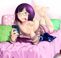 Rule 34 | 1girl, :p, animal ear headphones, animal ears, aqua eyes, axent wear, bare shoulders, barefoot, bed, breasts, candy, cat ear headphones, cat ears, cellphone, cleavage, fake animal ears, feet, food, foreshortening, glasses, headphones, headphones removed, ice reizou, icereizou, legs up, lollipop, lying, off shoulder, on bed, on stomach, original, phone, pillow, purple hair, red-framed eyewear, short hair, shorts, small breasts, smartphone, smile, soles, solo, sweater, the pose, toes, tongue, tongue out
