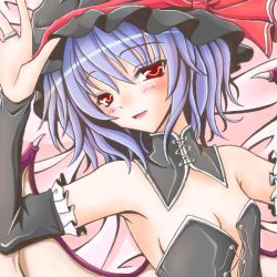 Rule 34 | 1girl, arm garter, armpits, arms up, breasts, cleavage, collarbone, detached sleeves, female focus, frills, hat, long sleeves, mob cap, red eyes, remilia scarlet, short hair, silver hair, solo, touhou