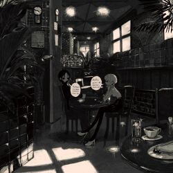 Rule 34 | 2girls, closed mouth, crossed legs, cup, dot mouth, fake text, greyscale, high heels, highres, jitome, monochrome, multiple girls, narue, original, pants, plate, short hair, sitting, sweater, table, teacup