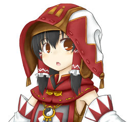 Rule 34 | 1girl, :o, black hair, brown eyes, cosplay, crossover, detached sleeves, female focus, final fantasy, final fantasy xi, hakurei reimu, hood, japanese clothes, miko, nice (artist), open mouth, simple background, solo, the iron of yin and yang, touhou, white background, white mage (final fantasy)
