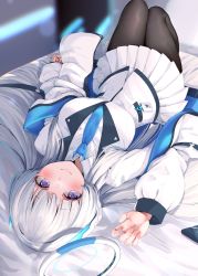 Rule 34 | 1girl, absurdres, bed sheet, blue archive, blush, breasts, highres, jacket, long hair, long sleeves, looking at viewer, lying, narushima kanna, necktie, noa (blue archive), off shoulder, on back, on bed, open clothes, open jacket, paid reward available, pantyhose, purple eyes, shirt, skirt, smile, solo, very long hair, white hair, white jacket, white skirt
