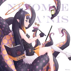 Rule 34 | 1girl, animal ears, asymmetrical legwear, black gloves, blue eyes, book, cellphone, character name, closed mouth, commentary, cup, drawing, drawing tablet, food, from side, gloves, gradient hair, halo, highres, holding, holding stylus, hololive, hololive english, long hair, mole, mole under eye, mug, multicolored hair, ninomae ina&#039;nis, ninomae ina&#039;nis (1st costume), open book, phone, pointy ears, purple hair, signature, single thighhigh, sitting, smartphone, smile, solo, stylus, takoyaki, tentacles, thighhighs, tian nya, twitter username, uneven legwear, virtual youtuber, white thighhighs