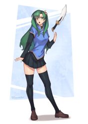 Rule 34 | 1girl, alternate costume, artist name, black skirt, black thighhighs, blue shirt, breasts, brown footwear, cosplay, earrings, fate/stay night, fate (series), female focus, fire emblem, fire emblem: the blazing blade, full body, green eyes, green hair, jewelry, long hair, looking at viewer, lyn (fire emblem), matching hair/eyes, nintendo, phrecklesart, pleated skirt, shirt, signature, skirt, solo, standing, sweater, sword, thighhighs, tohsaka rin, tohsaka rin (cosplay), tsundere, two side up, weapon, zelretch sword, zettai ryouiki