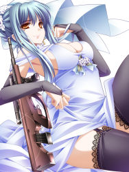 Rule 34 | 1girl, assault rifle, black thighhighs, blue hair, breasts, bridal gauntlets, bride, bullpup, cleavage, dress, earrings, garter straps, gun, highres, jewelry, lace, lace-trimmed legwear, lace trim, large breasts, monety, no bra, orange eyes, rifle, smile, solo, steyr aug, thighhighs, veil, weapon, wedding dress