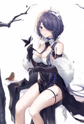 Rule 34 | 1girl, :o, absurdres, arknights, asymmetrical hair, bare legs, bare shoulders, bird, black choker, black dress, black gloves, black necktie, blush, breasts, bug, butterfly, choker, cleavage, detached collar, dress, elbow gloves, eyepatch, feet out of frame, fur shawl, gloves, hair over one eye, highres, insect, jewelry, large breasts, long hair, looking at viewer, necktie, official alternate costume, one eye covered, ornate ring, parted lips, pelvic curtain, purple hair, ring, shawl, simple background, sitting, solo, syringe, thigh strap, very long hair, wedding ring, whisperain (arknights), whisperain (tremble cold) (arknights), white background, yajuu