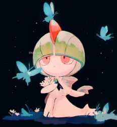 Rule 34 | artist name, black background, bug, butterfly, closed mouth, colored skin, creatures (company), flower, game freak, gen 3 pokemon, green hair, highres, insect, nintendo, on grass, pokemon, pokemon (creature), ralts, red eyes, su (sajo su5), twitter username, white flower, white skin