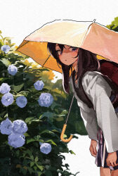 Rule 34 | 1girl, :o, backpack, bag, blue flower, brown hair, brown umbrella, commentary request, flower, grey background, hair between eyes, highres, japanese clothes, kimono, lamb (hitsujiniku), leaning forward, long sleeves, looking at viewer, parted lips, pleated skirt, purple eyes, purple skirt, randoseru, skirt, solo, touhoku kiritan, twintails, umbrella, umbrella over shoulder, voiceroid, white kimono, wide sleeves