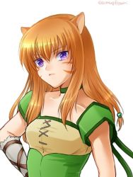 Rule 34 | 1girl, alternate hair length, alternate hairstyle, animal ears, bad id, bad twitter id, brown hair, cat ears, fire emblem, fire emblem: path of radiance, fire emblem: radiant dawn, hanasaki komugi, lethe (fire emblem), long hair, looking at viewer, nintendo, pout, purple eyes, simple background, slit pupils, solo, twitter username, white background