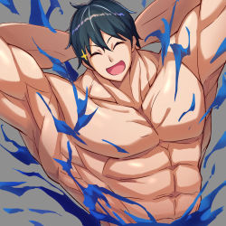 Rule 34 | 1boy, abs, bara, black hair, closed eyes, dumbbell nan kilo moteru?, flexing, looking at viewer, machio naruzou, male focus, muscular, open mouth, pectorals, short hair, simple background, smile, solo, torn clothes