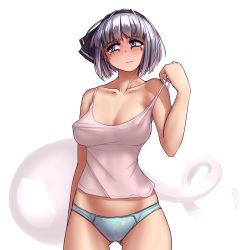 Rule 34 | 1girl, black ribbon, blue panties, blush, breasts, breasts apart, collarbone, covered erect nipples, cowboy shot, crying, crying with eyes open, ear piercing, earrings, hair ribbon, hater (hatater), highres, jewelry, konpaku youmu, konpaku youmu (ghost), large breasts, looking away, makeup, panties, piercing, pulled by self, ribbon, runny makeup, see-through, short hair, silver hair, simple background, solo, standing, strap pull, tank top, tears, touhou, underwear, white background