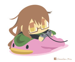 Rule 34 | artist name, bad id, bad pixiv id, brown-framed eyewear, brown eyes, brown hair, chameleon man (three), glasses, kantai collection, long hair, mocchi (monster farm), mochizuki (kancolle), monster farm, name connection, no lineart, playstation controller, simple background, white background