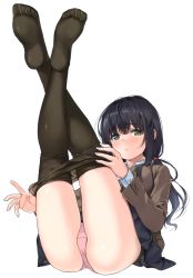 Rule 34 | 1girl, absurdres, ass, black hair, blazer, blush, breasts, buttons, full body, green eyes, highres, jacket, legs up, lips, long hair, long sleeves, looking at viewer, medium breasts, panties, pantyhose, pink panties, pulled by self, scan, school uniform, see-through, shiny clothes, simple background, sitting, skirt, solo, thighs, unasaka ryou, underwear, white background