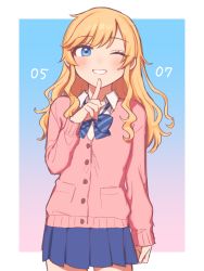 Rule 34 | 1girl, ;), blonde hair, blue bow, blue bowtie, blue eyes, blue skirt, blush, border, bow, bowtie, cardigan, chiyoko (tykchiyo), collared shirt, commentary request, cowboy shot, grin, highres, idolmaster, idolmaster cinderella girls, long hair, long sleeves, looking at viewer, miniskirt, ohtsuki yui, one eye closed, open mouth, outside border, pleated skirt, shirt, skirt, smile, solo, standing, wavy hair, white border, white shirt