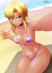 1girl beach bikini bikini_tan bikini_top_pull blonde_hair blue_eyes blush breast_tattoo breasts choker collarbone covered_erect_nipples kaori_shiruko looking_at_viewer medium_breasts micro_bikini navel ocean purple_bikini sand sega short_hair sitting smile swimsuit tan tanline tattoo water yukino_memories zel-sama