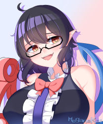 Rule 34 | 1girl, absurdres, artist name, black hair, bow, bowtie, breasts, glasses, highres, houjuu nue, large breasts, meganekai15, open mouth, pointy ears, red bow, red bowtie, red eyes, semi-rimless eyewear, solo, touhou