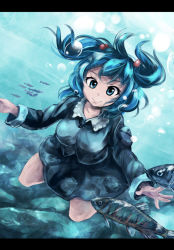 Rule 34 | 1girl, bad id, bad pixiv id, blue eyes, blue hair, bubble, dress, fish, hair bobbles, hair ornament, unworn headwear, kawashiro nitori, legs, letterboxed, light rays, long sleeves, looking at viewer, matching hair/eyes, no headwear, no headwear, pocket, ribbon, shirt, short hair, skirt, skirt set, smile, solo, sunbeam, sunlight, swimming, touhou, twintails, two side up, underwater, wet, wet clothes, yagi (sinnsyou)