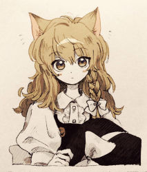 Rule 34 | 1girl, animal ears, black vest, blonde hair, blush stickers, bow, braid, cat ears, closed mouth, graphite (medium), hair bow, hat, hat bow, holding, holding clothes, holding hat, ka (marukogedago), kemonomimi mode, kirisame marisa, long hair, looking at viewer, mixed media, notice lines, puffy short sleeves, puffy sleeves, shirt, short sleeves, side braid, solo, touhou, traditional media, upper body, vest, white bow, white shirt, yellow eyes