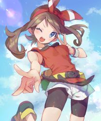 Rule 34 | 1girl, ;d, bike shorts, blush, bow hairband, bracelet, breasts, brown hair, cloud, commentary request, creatures (company), day, double v, eyelashes, fanny pack, floating hair, game freak, grey eyes, hairband, hand up, highres, jewelry, kashiwa (kasshiwa10), lens flare, long hair, looking at viewer, may (pokemon), nintendo, one eye closed, open mouth, outdoors, pokemon, pokemon oras, red hairband, red shirt, shirt, shoes, shorts, sky, sleeveless, sleeveless shirt, smile, solo, teeth, tongue, v, white shorts, yellow bag