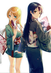 Rule 34 | 2girls, absurdres, ayase eli, blonde hair, blue eyes, blue hair, blue kimono, blush, closed mouth, covering own mouth, floral print, folded fan, folding fan, from behind, hair between eyes, hand fan, highres, holding, holding fan, huanxiang heitu, japanese clothes, kimono, long hair, long sleeves, looking at viewer, love live!, love live! school idol festival, love live! school idol project, multiple girls, non-web source, ponytail, scan, short kimono, simple background, smile, sonoda umi, standing, white background, wide sleeves, yellow eyes