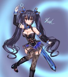 Rule 34 | bare shoulders, black hair, boots, breasts, cleavage, dress, garter straps, long hair, medium breasts, neptune (series), noire (neptunia), red eyes, ribbon, shaah candidate, skirt, sleeved gloves, thighhighs, twintails