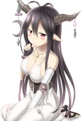 Rule 34 | 10s, 1girl, antenna hair, bad id, bad pixiv id, bandages, black gloves, black hair, blush, breasts, cleavage, danua, draph, fingerless gloves, gloves, granblue fantasy, highres, horns, long hair, nedia (nedia region), pointy ears, red eyes, simple background, solo, thumb sucking, white background