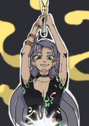 Rule 34 | 1girl, armpits, artist name, black shirt, bow, chain, collar, flat color, glowing, glowing eyes, green eyes, himemushi momoyo, holding, holding pickaxe, long hair, looking down, messy hair, midriff, open clothes, pickaxe, pointy ears, sharp teeth, shirt, short sleeves, smile, solo, teeth, touhou, unconnected marketeers, upper body