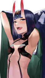 Rule 34 | 1girl, arm up, armpits, arms behind head, blazpu, blunt bangs, blush, breasts, fangs, fate/grand order, fate (series), hair ornament, highres, horns, looking at viewer, oni, purple eyes, purple hair, short eyebrows, shuten douji (fate), skin-covered horns, small breasts, smile, solo