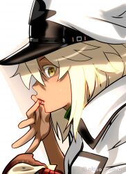 Rule 34 | 1girl, akisa yositake, artist name, blonde hair, closed mouth, coat, dark-skinned female, dark skin, guilty gear, guilty gear strive, long hair, long sleeves, looking at viewer, looking to the side, one-hour drawing challenge, ramlethal valentine, simple background, solo, upper body, white background, white coat, white headwear, yellow eyes