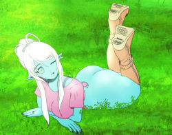 Rule 34 | 1girl, ass, blue skin, boots, bottomless, colored skin, cyana, grass, highres, legs up, lying, nail polish, on stomach, outdoors, p.m. seymour, pointy ears, solo, thick thighs, thighs, third-party edit, white hair, wink