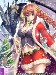 Rule 34 | 1girl, asgard no seiten, bell, belt, blue eyes, bow, box, braid, breasts, brown hair, buckle, buttons, christmas, christmas ornaments, christmas tree, cleavage, coat, copyright name, crop top, detached sleeves, dragon, fur-trimmed coat, fur trim, gift, gift box, glint, large breasts, long hair, looking at viewer, midriff, miniskirt, official art, open clothes, open coat, pochadon, red coat, red skirt, santa costume, sidelocks, single braid, skirt, smile, solo, sparkle, tsurime, very long hair, watermark