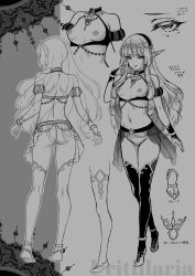 Rule 34 | 1girl, bare back, breasts, character sheet, concept art, crossed legs, detached sleeves, elf, fritillaria (usagi nagomu), gloves, greyscale, hair ornament, hairband, highres, jewelry, crossed legs, long hair, looking at viewer, monochrome, multiple views, navel, necklace, nipples, open clothes, open skirt, original, pointy ears, puffy detached sleeves, puffy short sleeves, puffy sleeves, scan, short sleeves, sketch, skirt, small breasts, smile, standing, thighhighs, translation request, usagi nagomu, watson cross