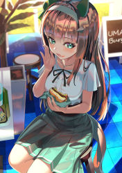 Rule 34 | 1girl, blunt bangs, brown hair, burger, collarbone, eating, fingernails, food, food on face, food wrapper, french fries, green eyes, green skirt, hairband, holding, holding food, horse girl, indoors, jewelry, long hair, necklace, open mouth, silence suzuka (umamusume), sitting, skirt, solo, stool, tile floor, tiles, tray, umamusume, yamahara